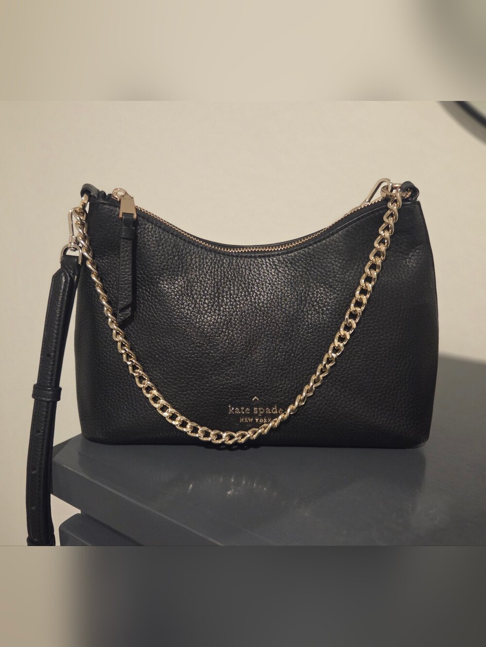 Kate Spade Black Pebbled Leather Shoulder Bag with Chain